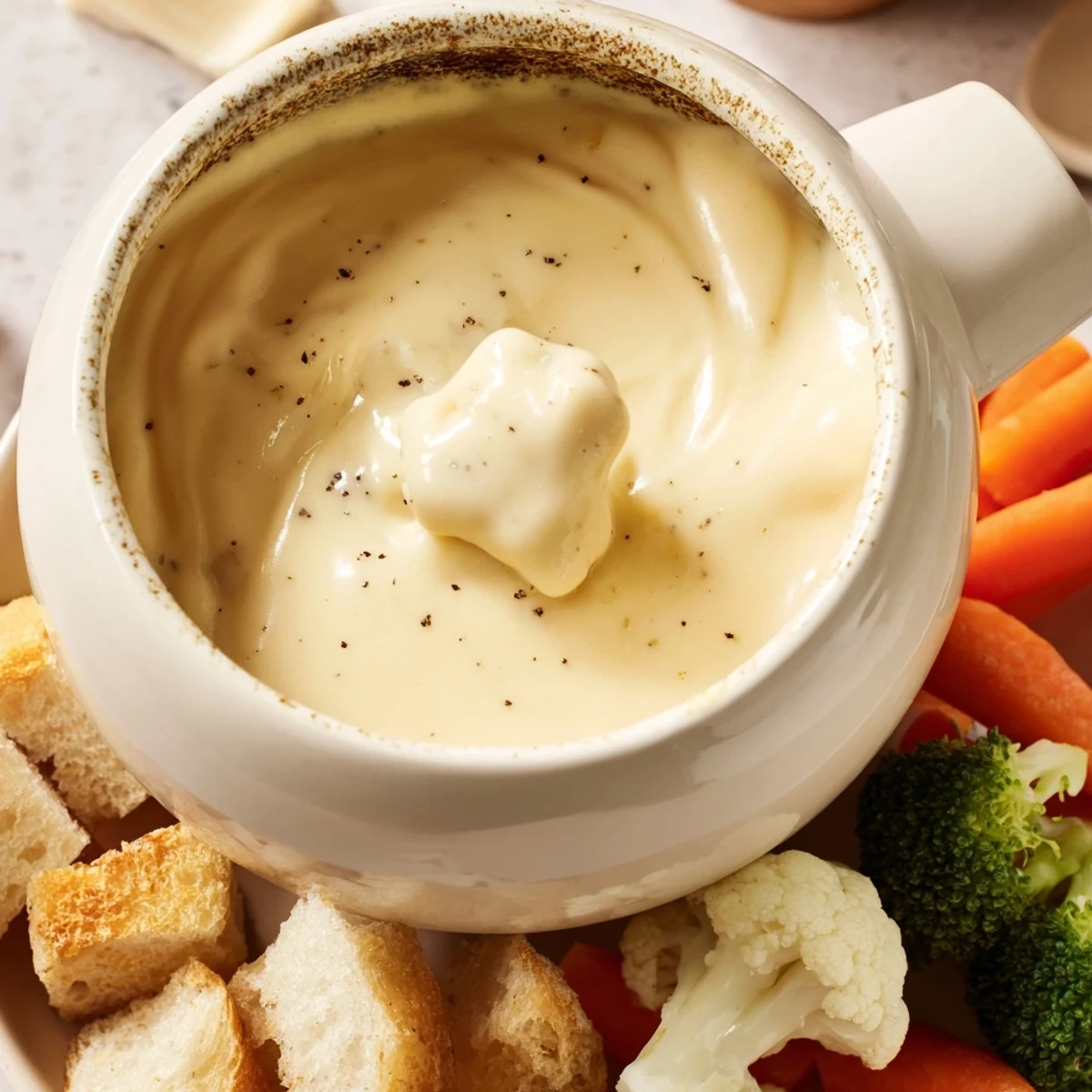 Creamy Savory Cheese Fondue, ready to dip warm bread and fresh vegetables into this delicious treat.