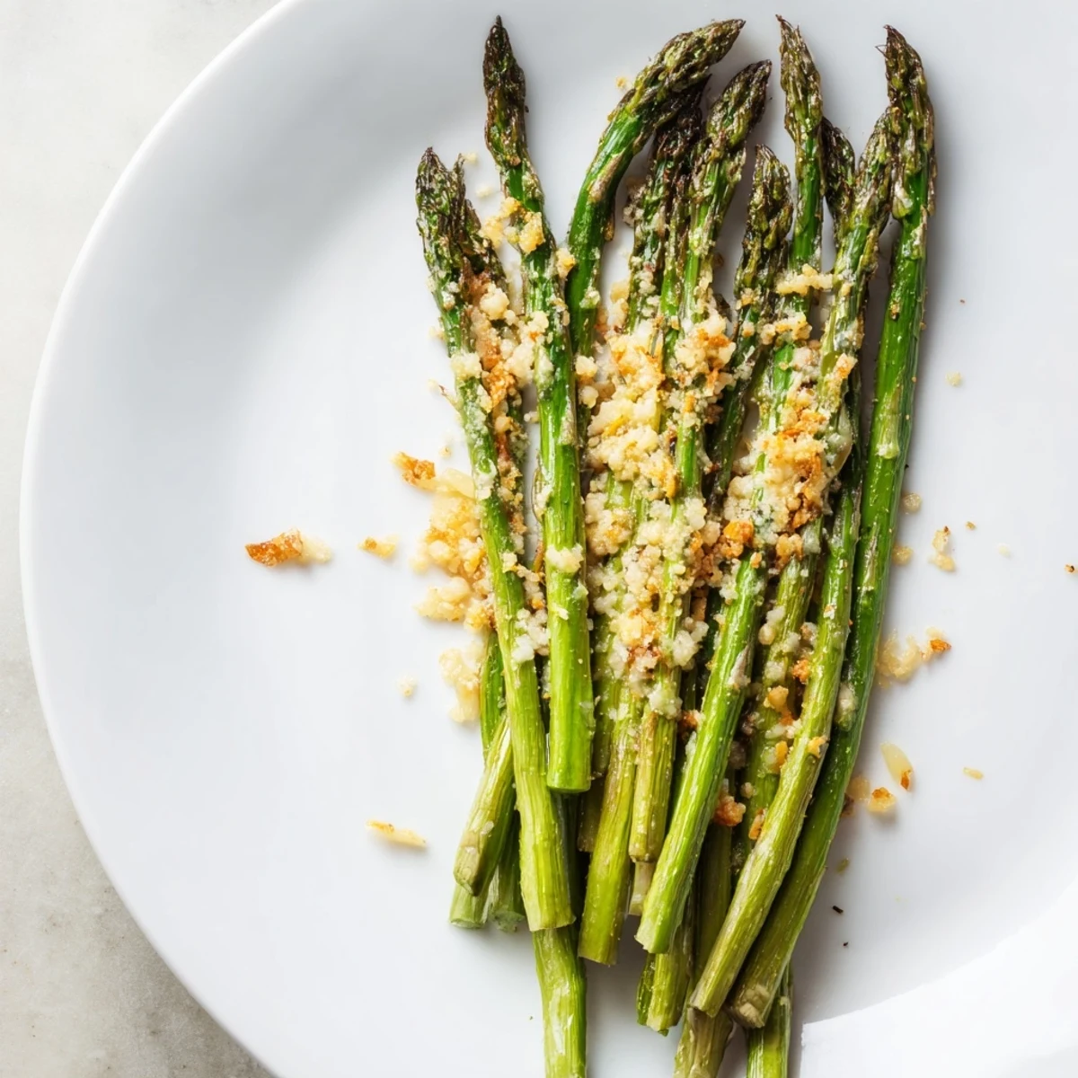 Crispy Garlic Parmesan Roasted Asparagus, garnished with fresh parsley, an ideal vegetarian side dish ready to enjoy.