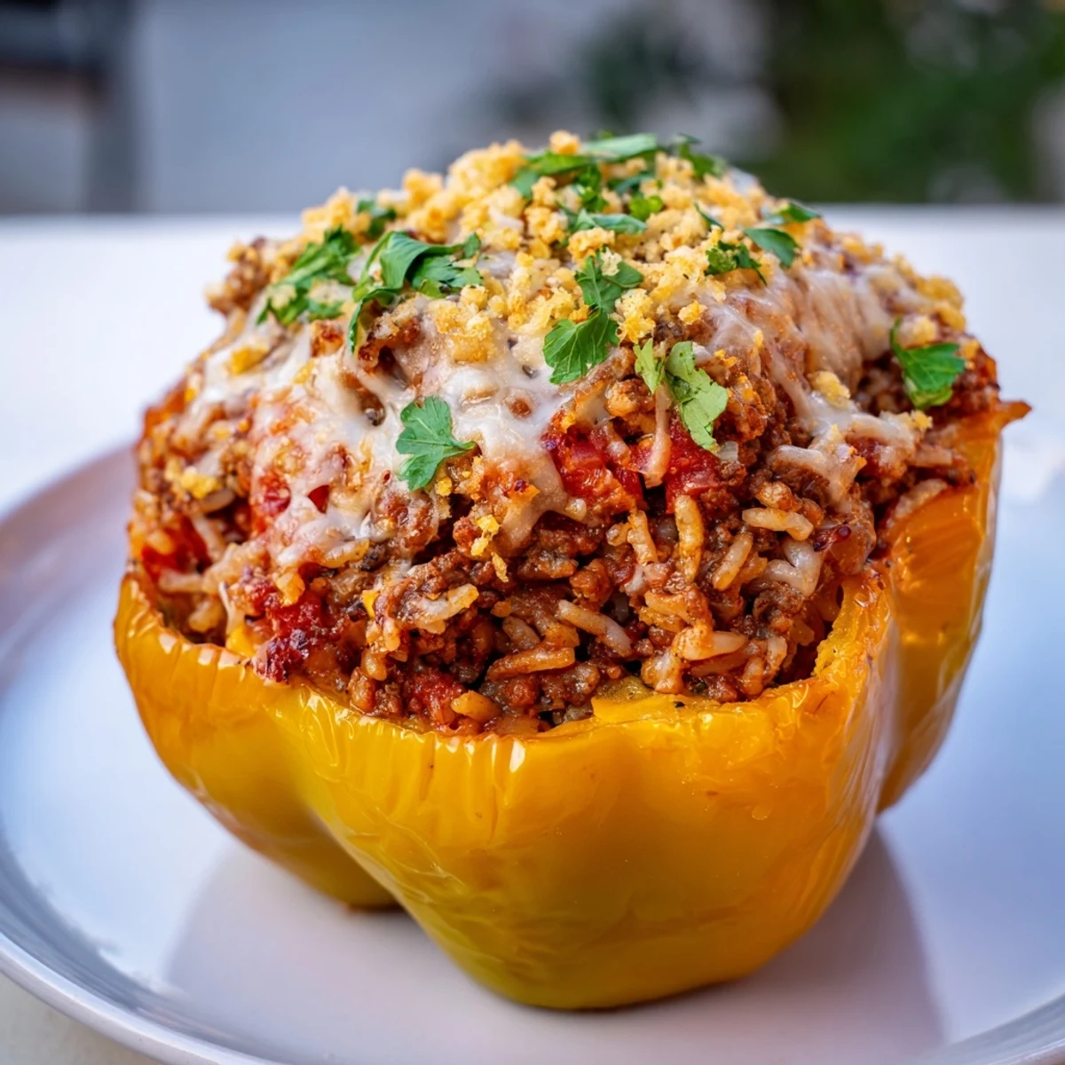 Golden, baked stuffed bell peppers with melted cheese and savory ground meat filling.