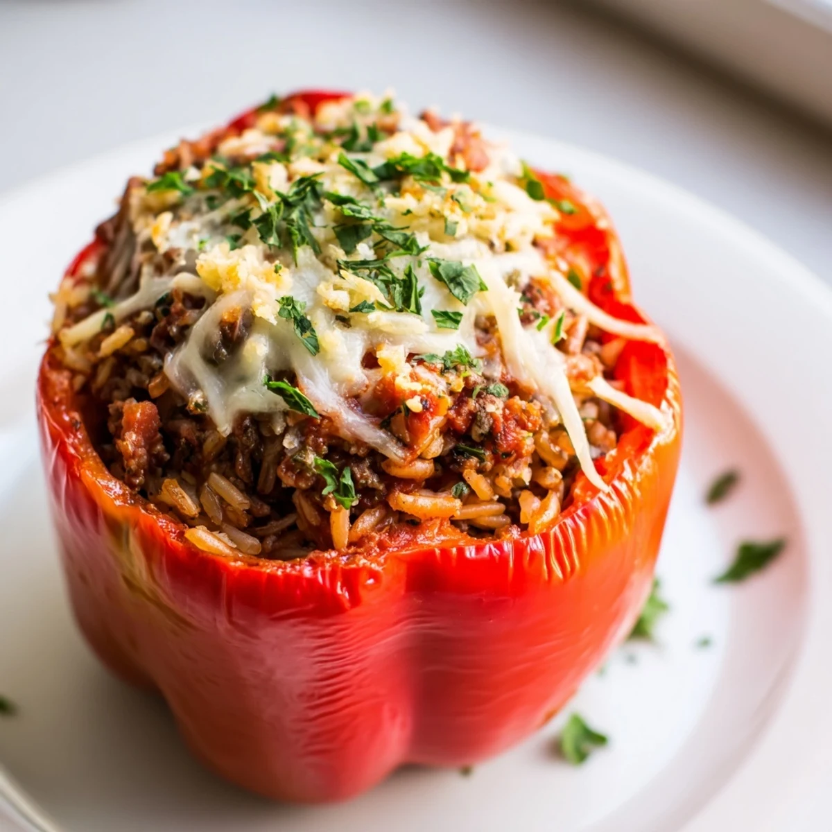 Perfectly cooked Mediterranean baked stuffed bell peppers, plated and garnished with fresh parsley.