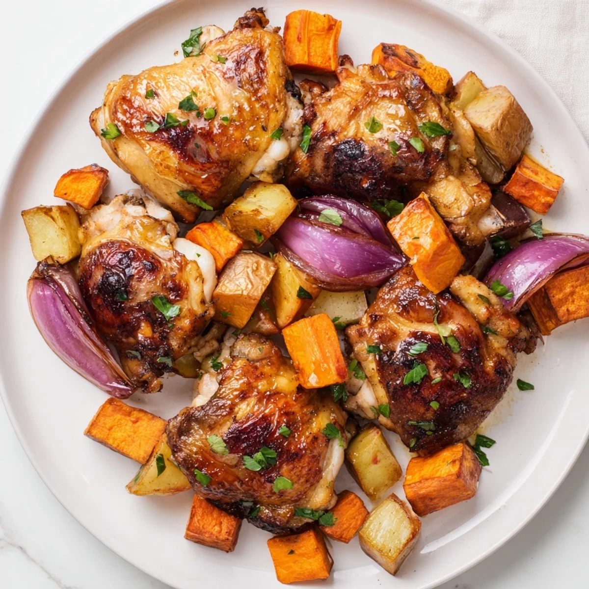 Golden-brown roasted chicken with root vegetables, a comforting, delicious family dinner.
