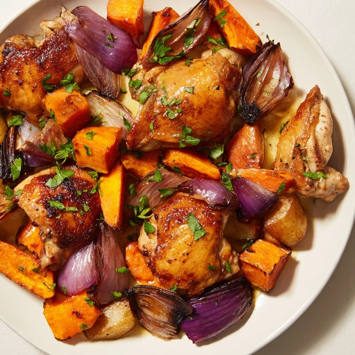 Close-up of juicy roasted chicken and tender root vegetables, ready to be served and enjoyed.