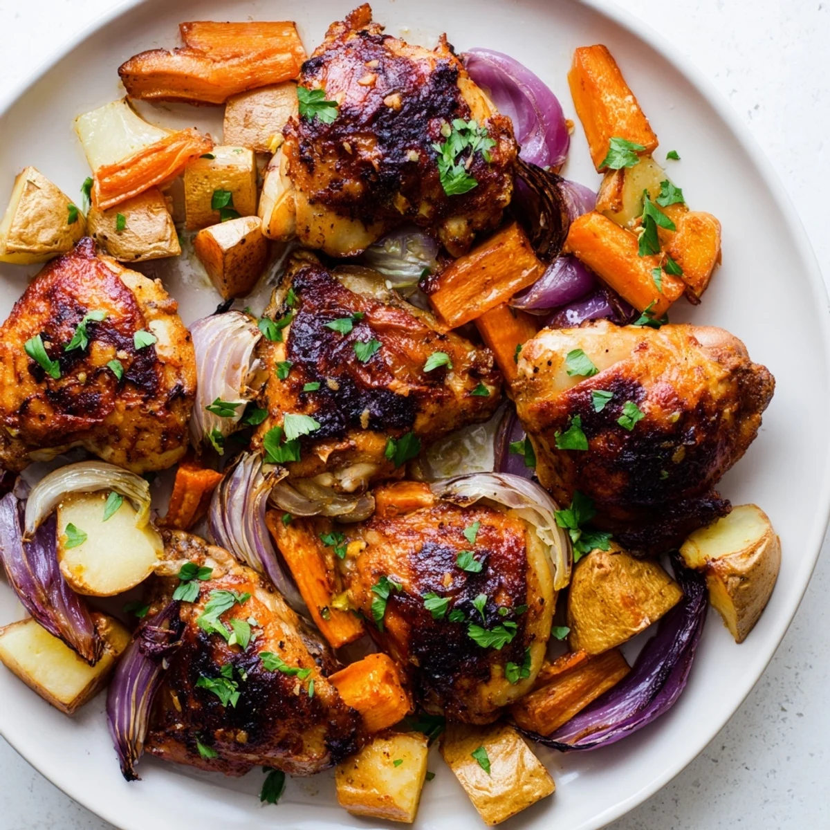 Savory roasted chicken surrounded by colorful, caramelized root vegetables; a holiday favorite.