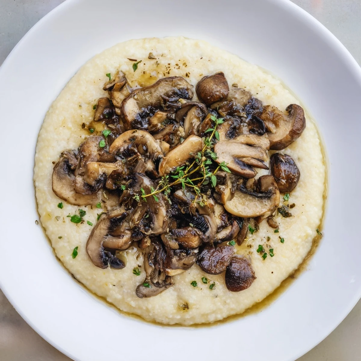 A warm bowl of creamy polenta with mushrooms, topped with fresh herbs, ready to serve.