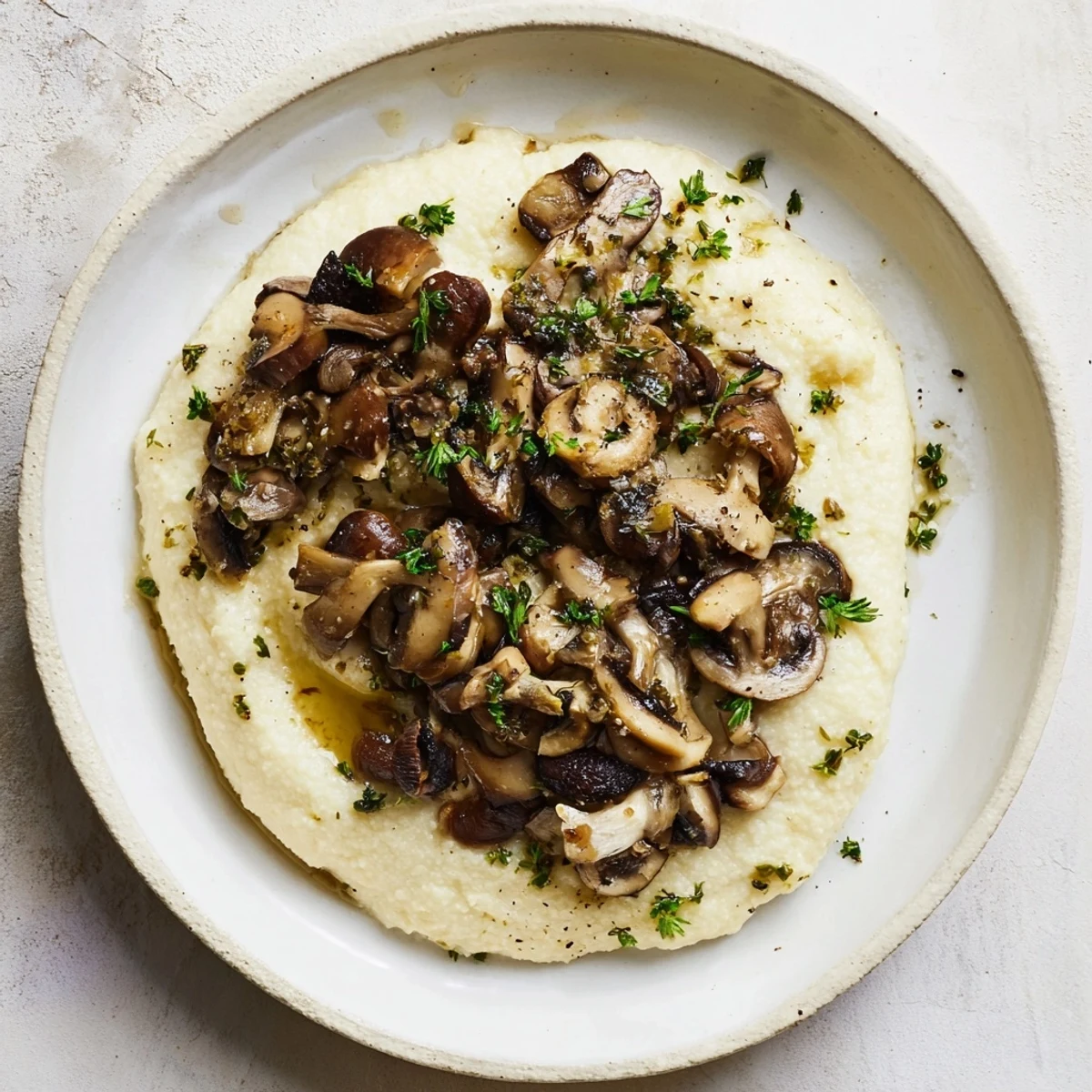 Sautéed mushrooms glistening atop a bed of creamy polenta, a delicious vegetarian meal.