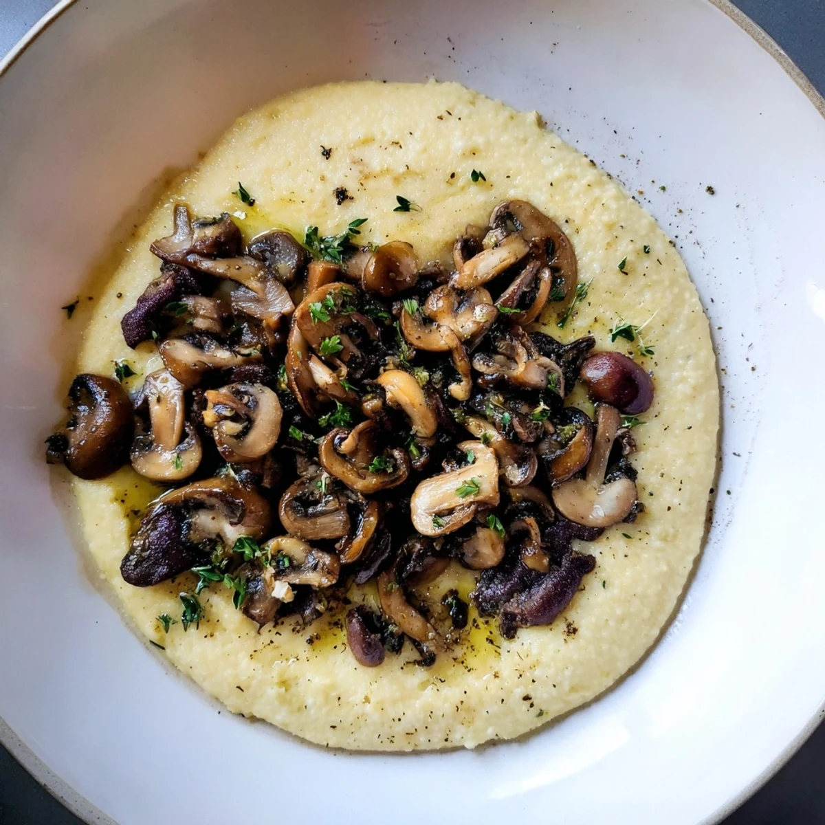 Close-up of savory creamy polenta with mushrooms, an inviting Italian comfort food dish.