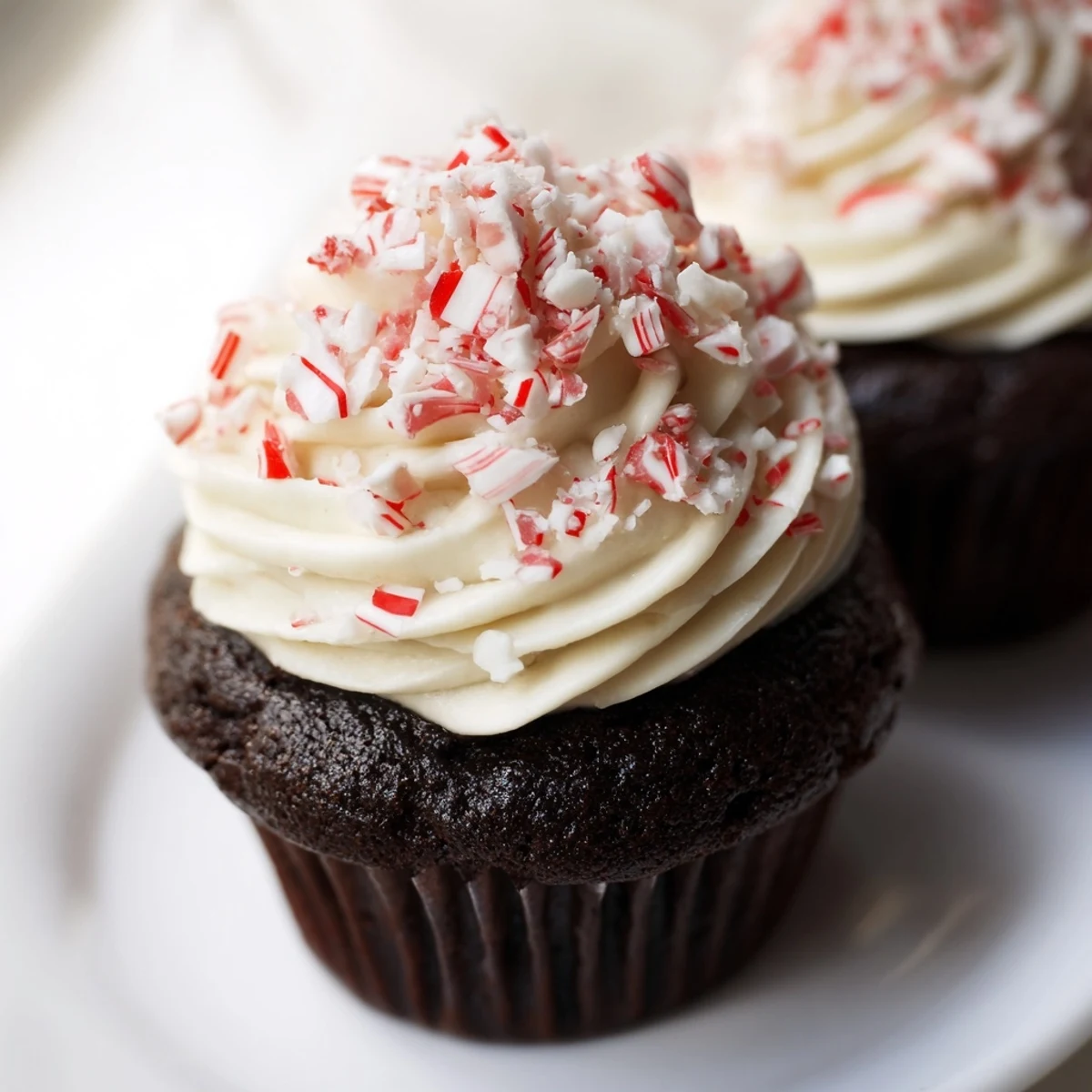 Perfectly baked chocolate peppermint cupcakes, featuring fluffy, white buttercream and festive candy canes.