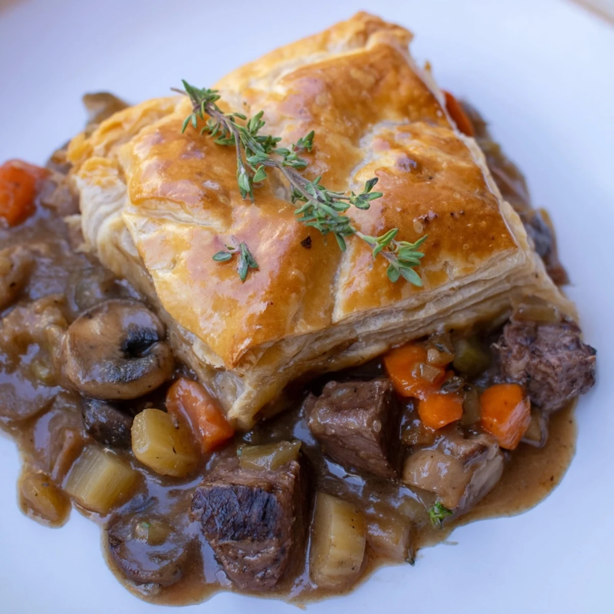Warm Beef and Mushroom Pie, steaming on a plate, is ready to be served.