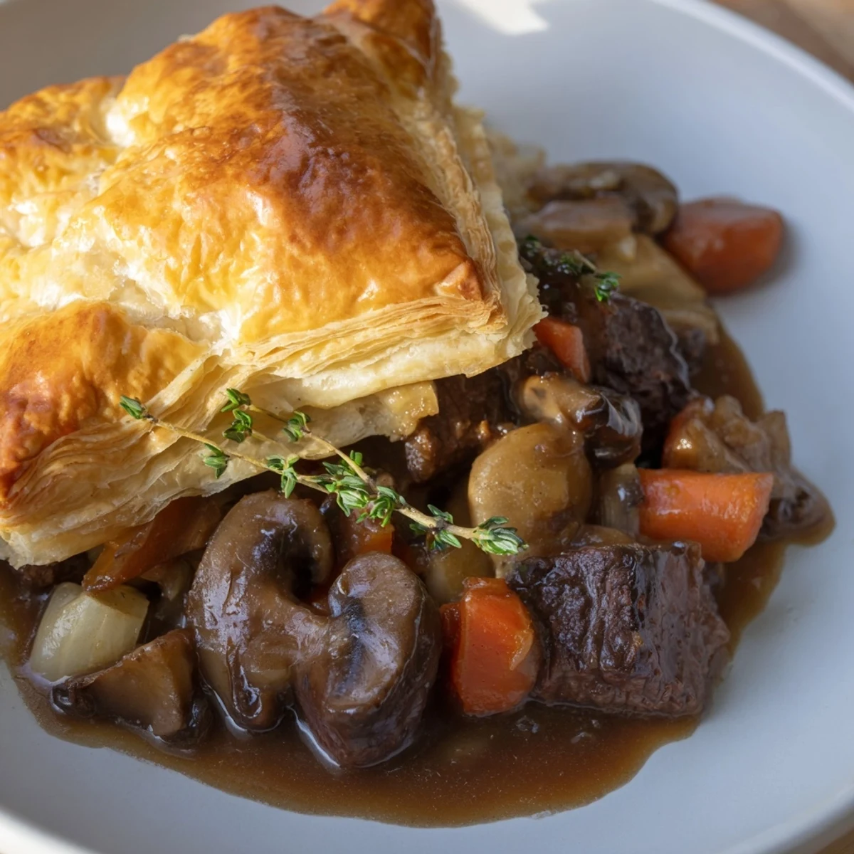 Golden, flaky puff pastry surrounds a rich, savory Beef and Mushroom Pie filling.