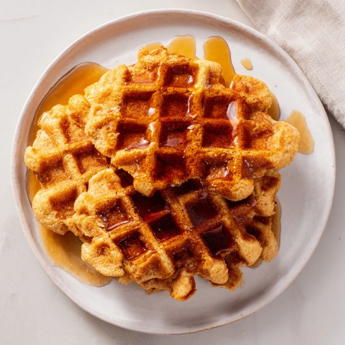 Golden-brown gingerbread waffles, fluffy and crispy, piled high with warm maple syrup for breakfast.
