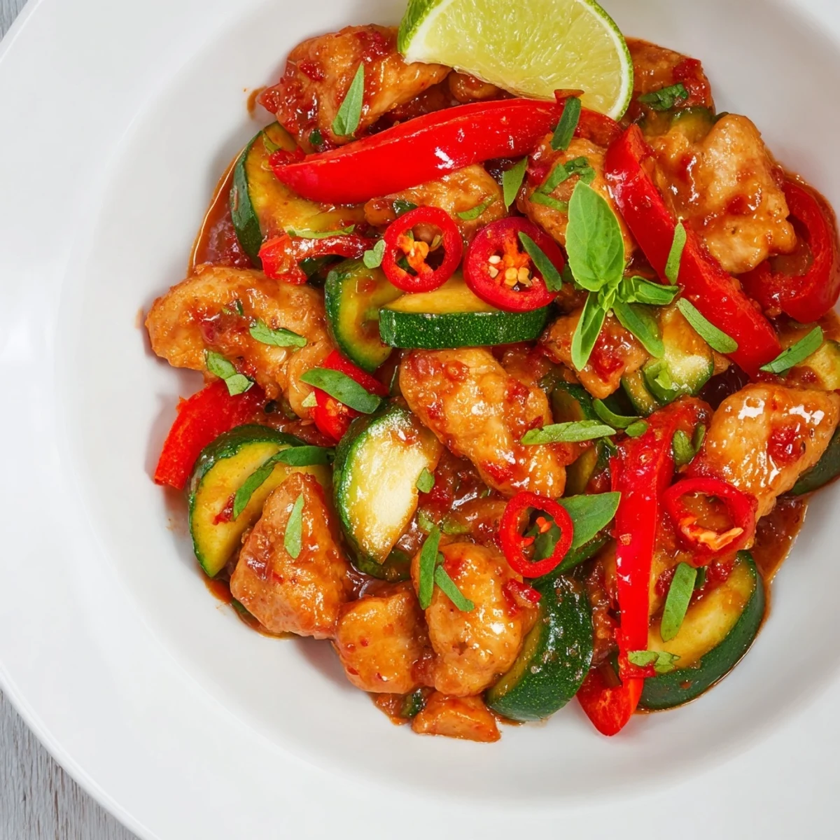 Vibrant image shows a rich, fragrant Spicy Thai Red Curry with Chicken filled with colorful vegetables.