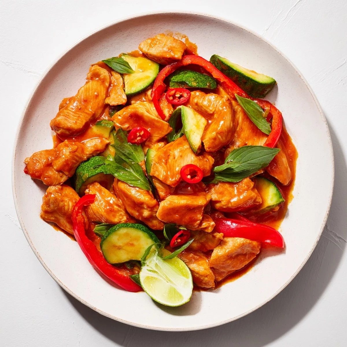 Close-up of a bowl of Spicy Thai Red Curry with Chicken, garnished beautifully with fresh basil and chili.