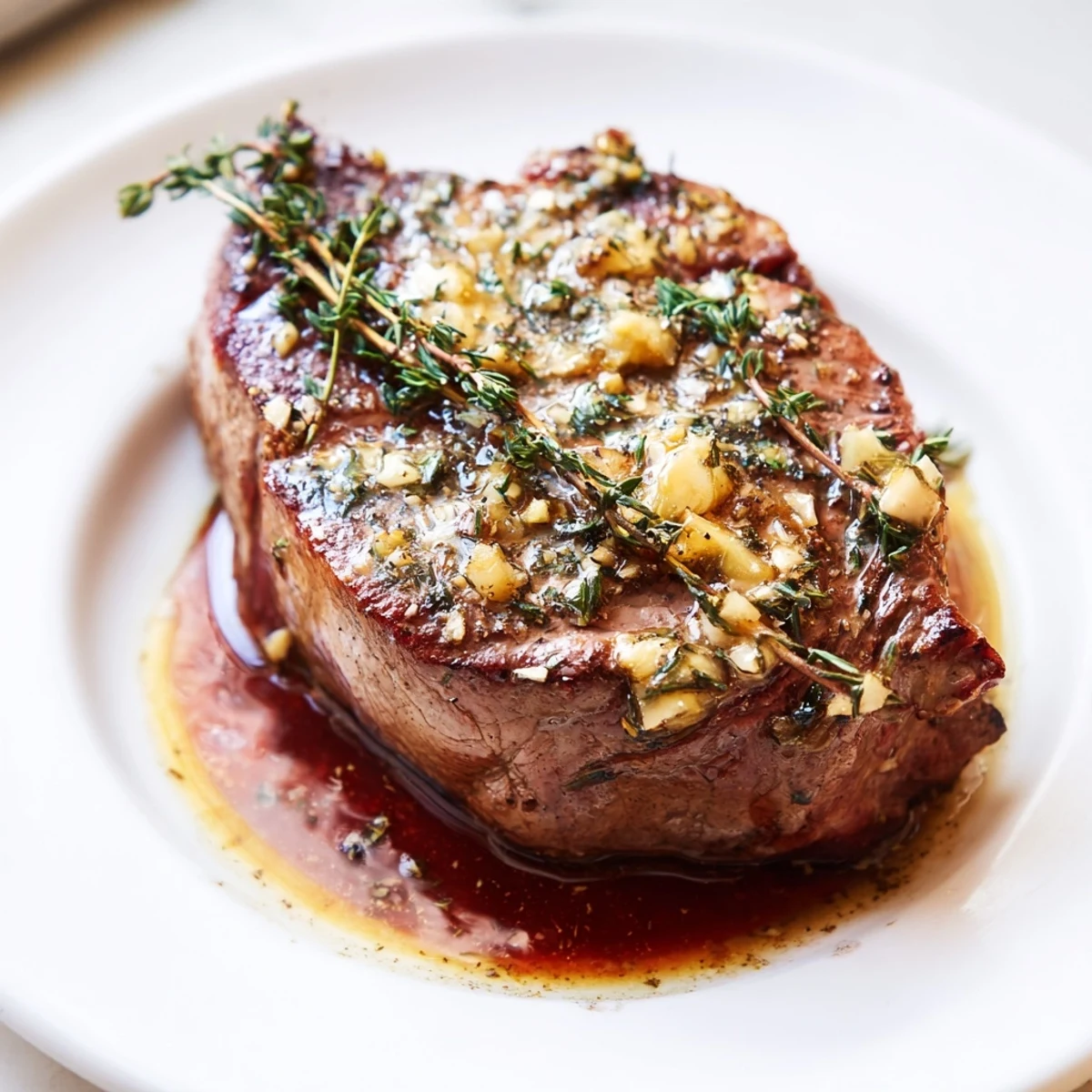 Tender, juicy beef fillet, resting after roasting, served on a warm plate with the delicious jus.