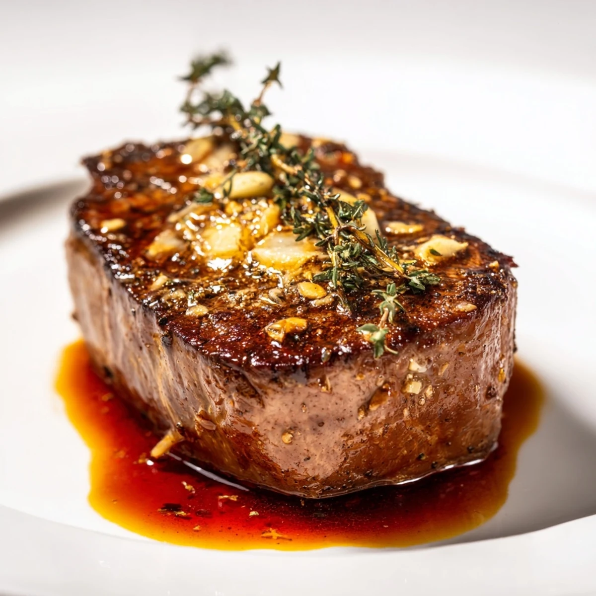 Perfectly seared beef fillet steaks, ready to be sliced, drizzled with rich red wine jus.