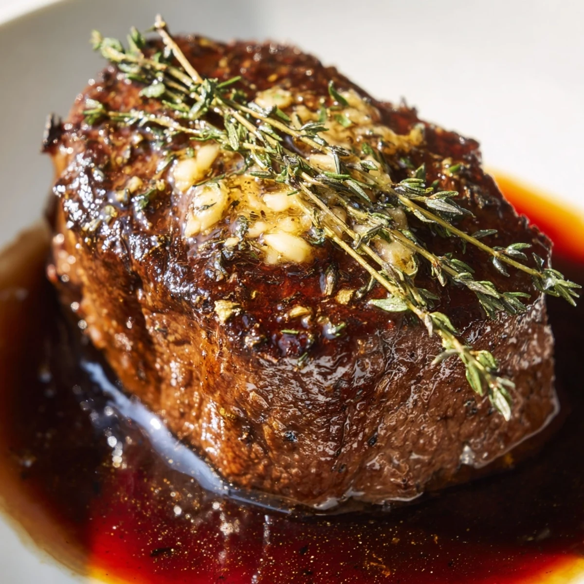 A close-up of a perfectly cooked beef fillet, cooked medium-rare, showcasing its tender texture and delicious crust.