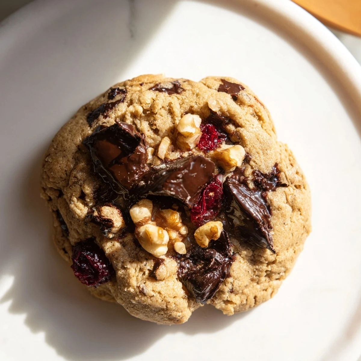 Golden-brown "Baked Goodness" cookies, still warm, with melty chocolate chips, inviting a sweet bite.