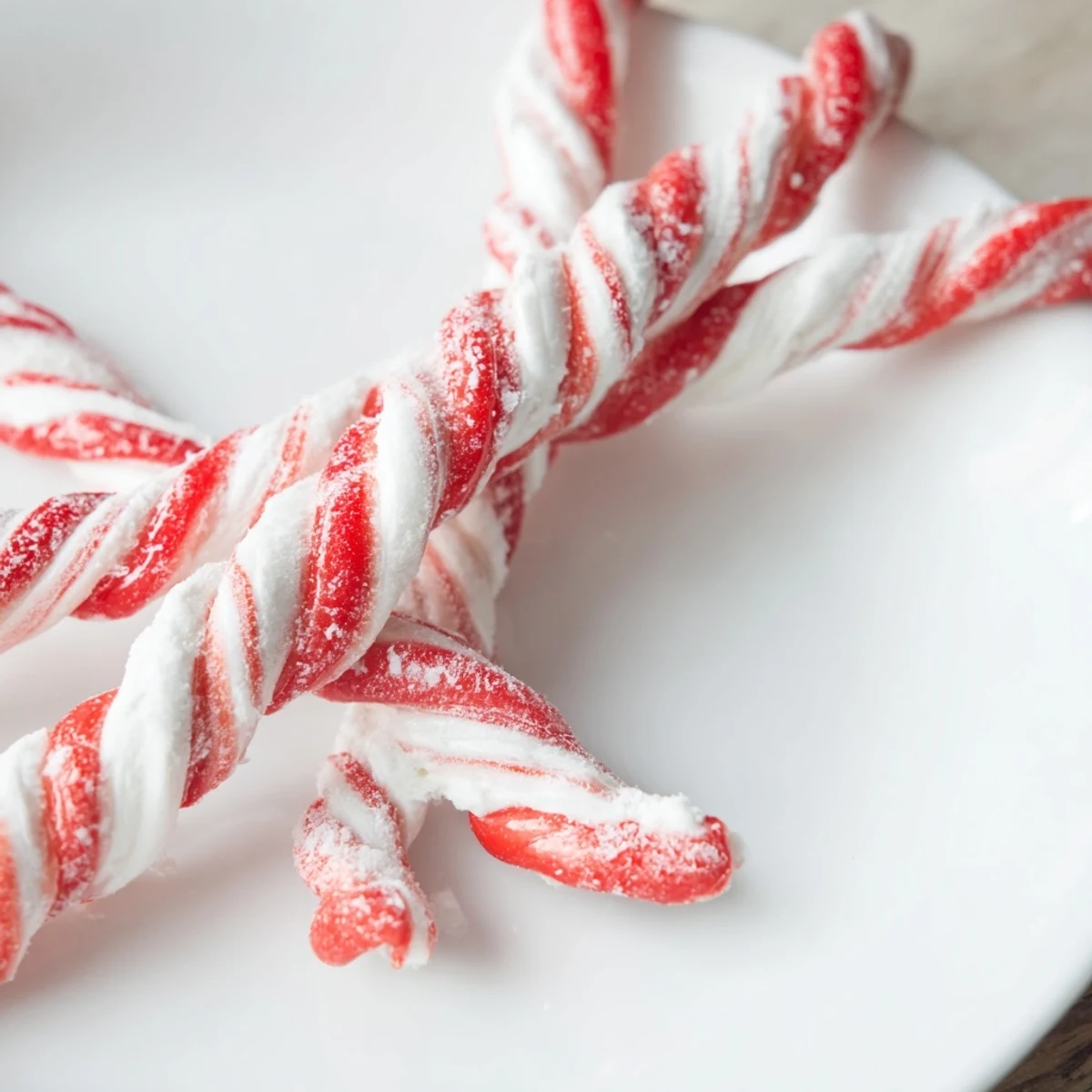 Close-up of freshly made peppermint stick candy, a classic American treat with cool mint flavor.