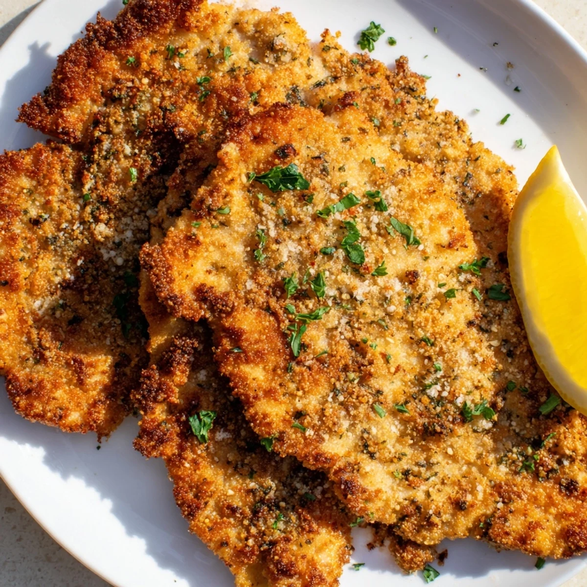 Savory Parmesan Chicken Cutlets with a perfect golden crust, served hot with fresh parsley and lemon wedges.