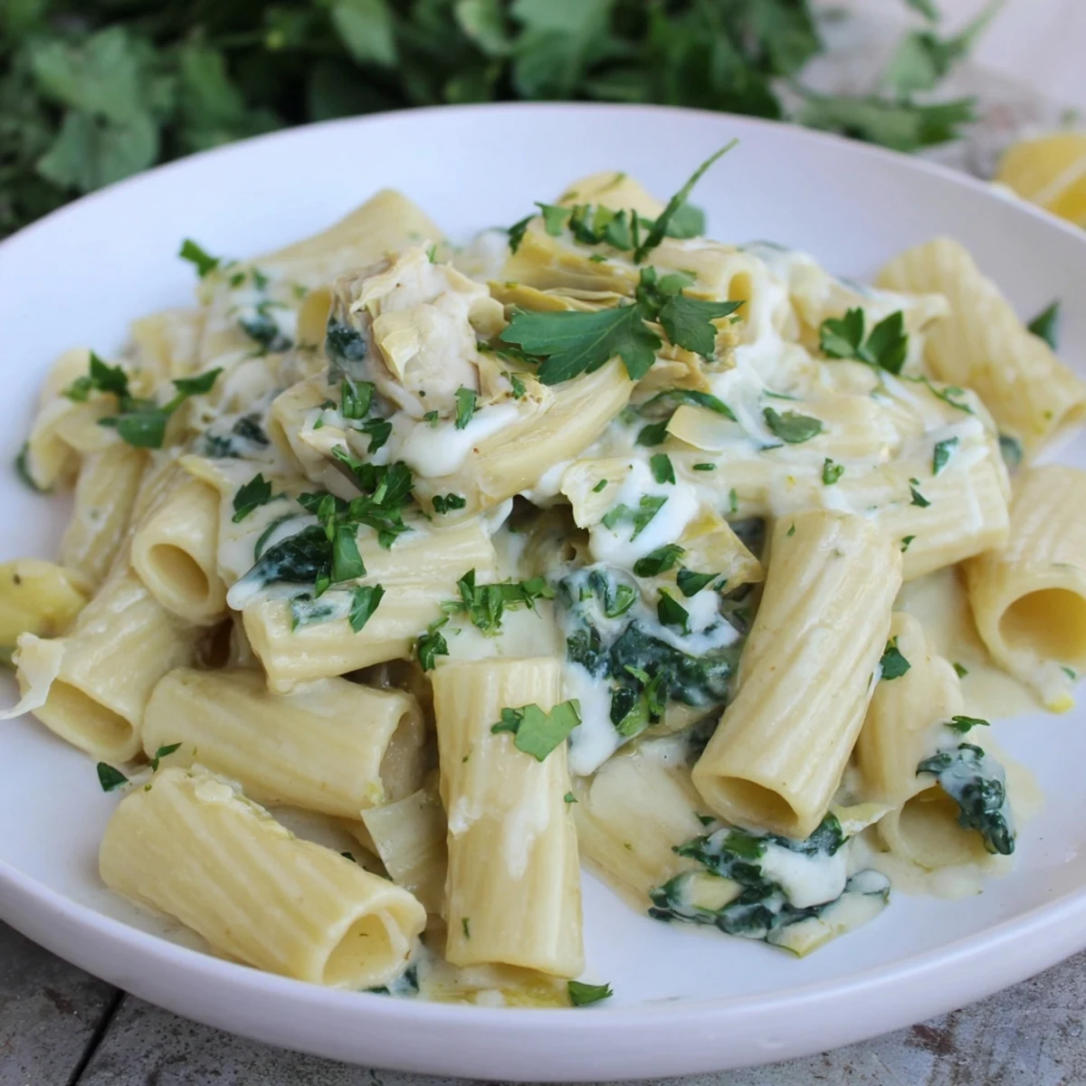 Golden Creamy Spinach and Artichoke Pasta, a rich, inviting plate with parmesan garnish.