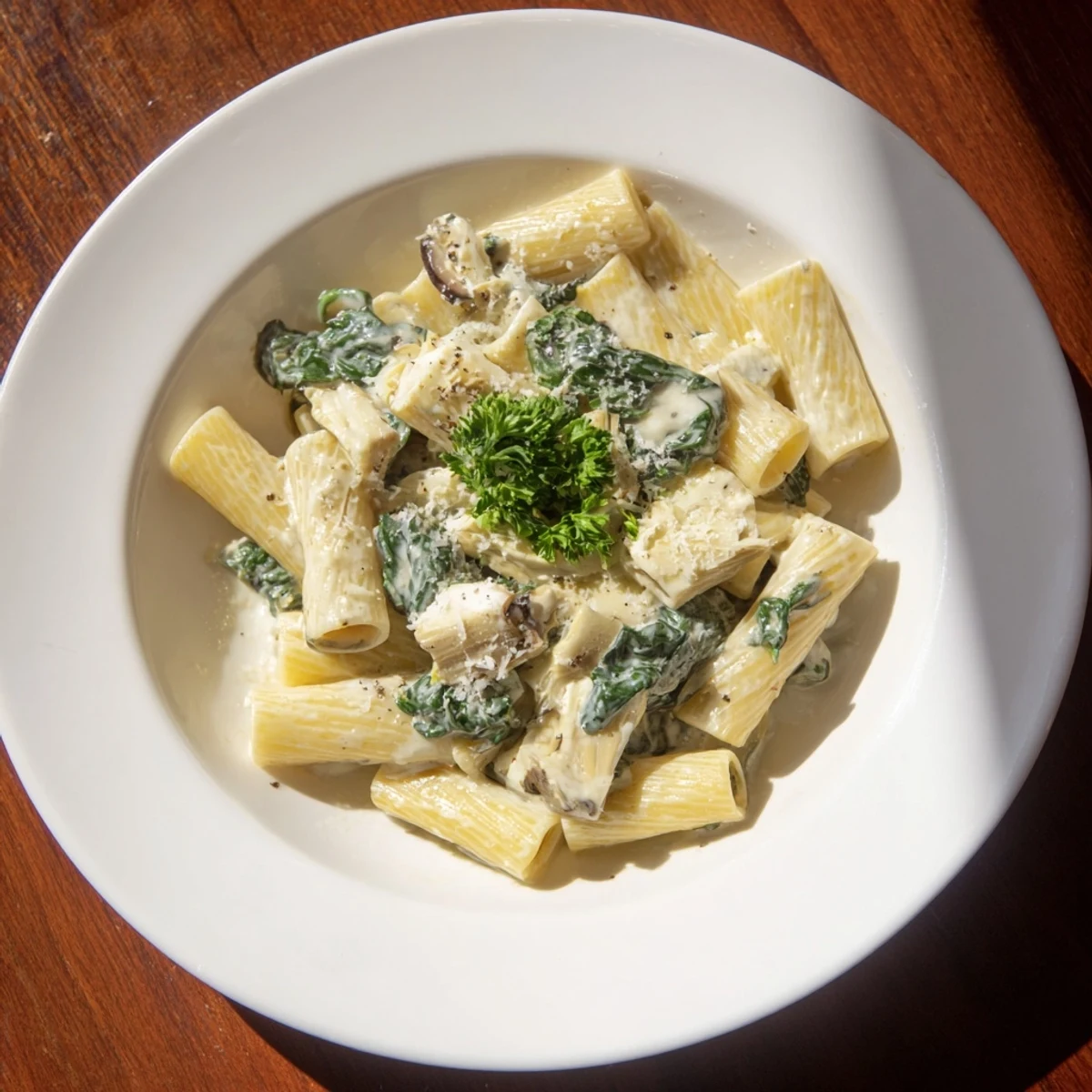 The creamy spinach and artichoke pasta is brimming with delicious artichoke hearts and cheese sauce.
