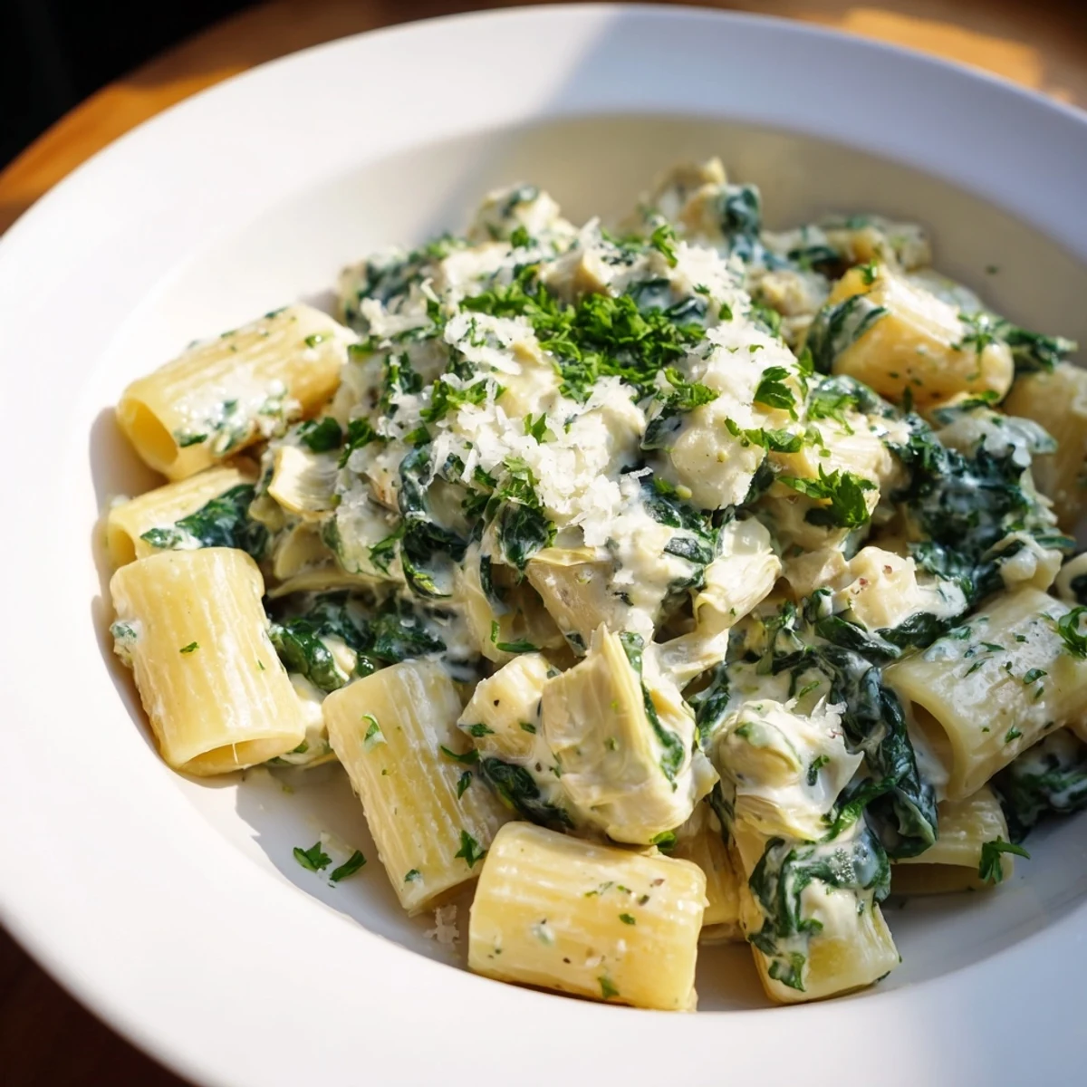 Warm, comforting bowl of creamy spinach and artichoke pasta, perfect for a cozy weeknight meal.