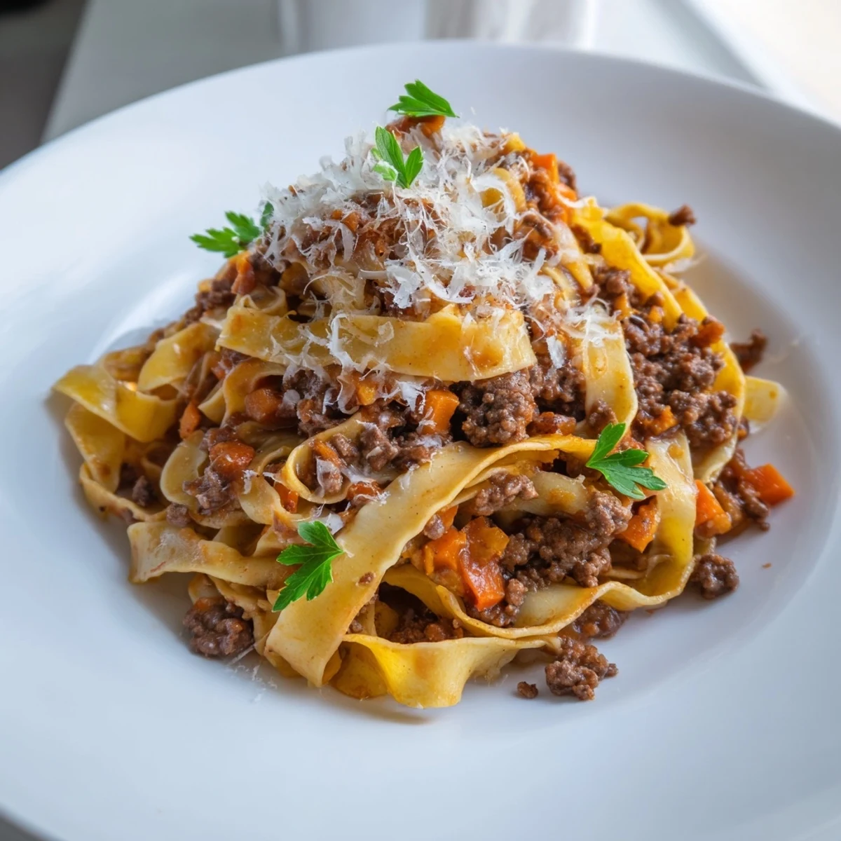 Hearty Beef Bolognese with tagliatelle, a savory, slow-cooked Italian pasta dish, ready to enjoy.