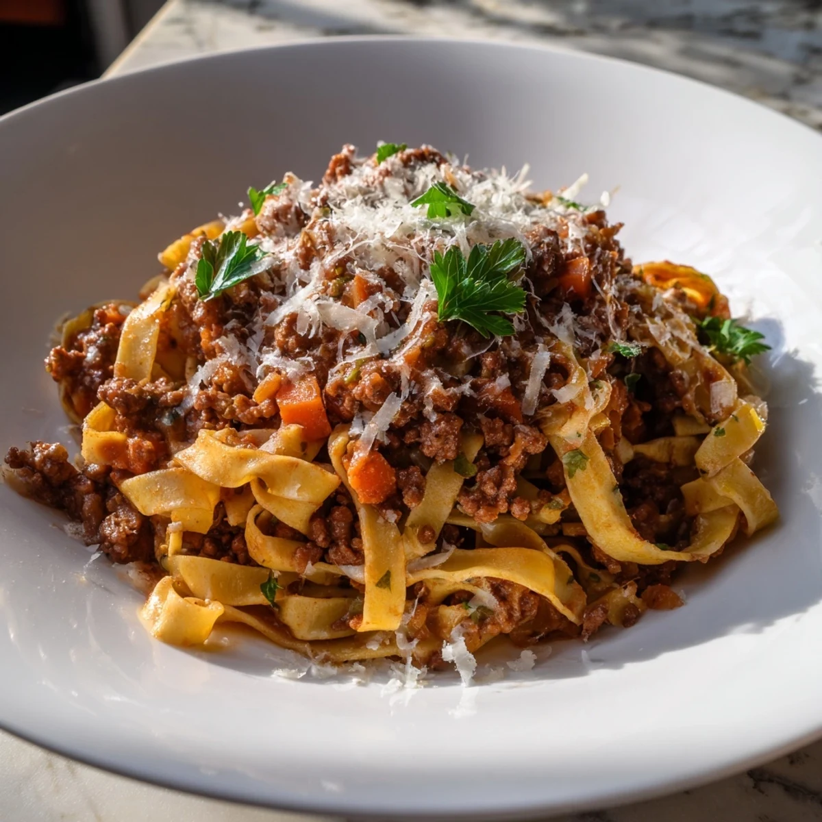 A steaming bowl of Beef Bolognese with tagliatelle, topped with grated Parmesan and fresh herbs.