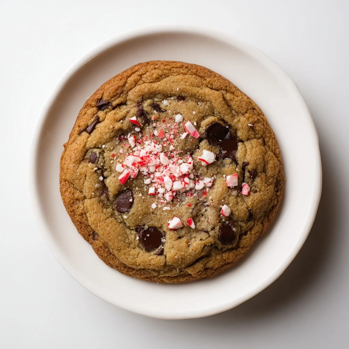 Warm, freshly baked Peppermint Chocolate Chip Cookies, golden brown with melting chocolate chips and peppermint crunch.