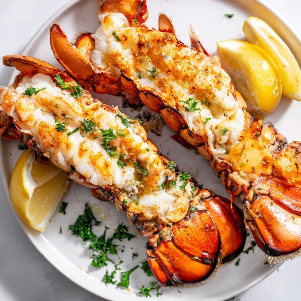 Golden-brown Garlic Butter Lobster Tails, ready to eat, garnished with fresh parsley and lemon.
