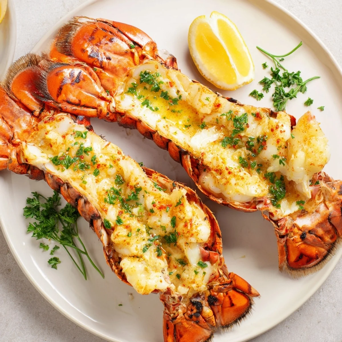 Delicious, broiled Garlic Butter Lobster Tails glistening with melted butter and herbs, perfect for a feast.