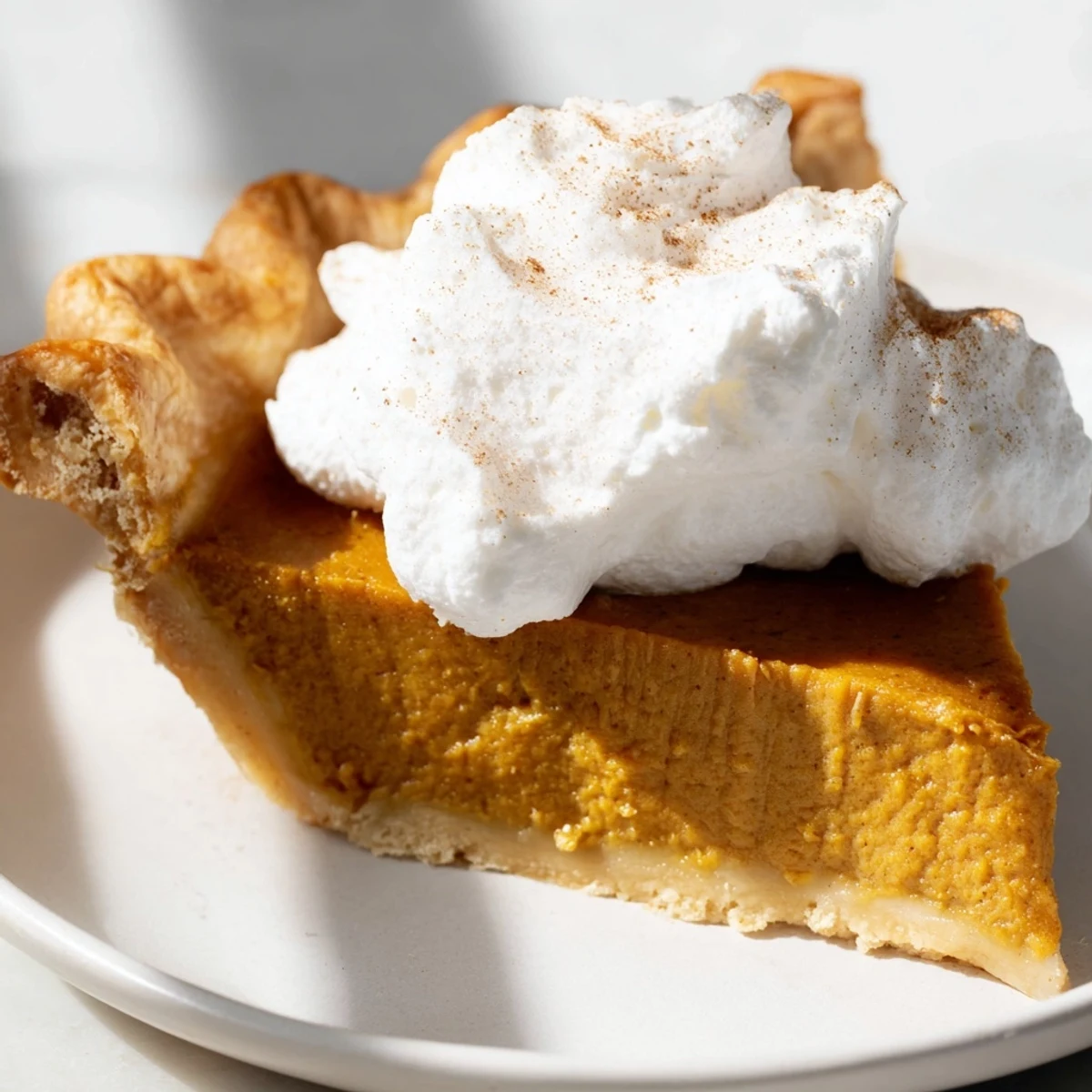 Golden-crusted Spiced Pumpkin Pie topped high with a swirl of fresh, creamy whipped cream.
