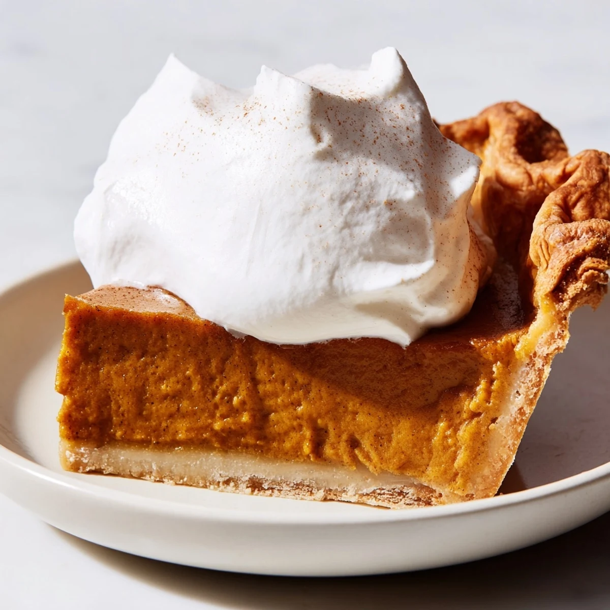 A perfectly baked Spiced Pumpkin Pie, rich autumn flavors with a dollop of fresh whipped cream.