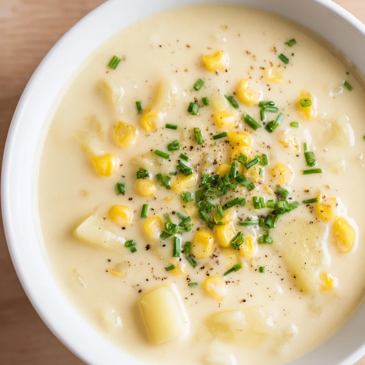 Steaming bowl of creamy corn chowder garnished with fresh herbs and cracked black pepper.