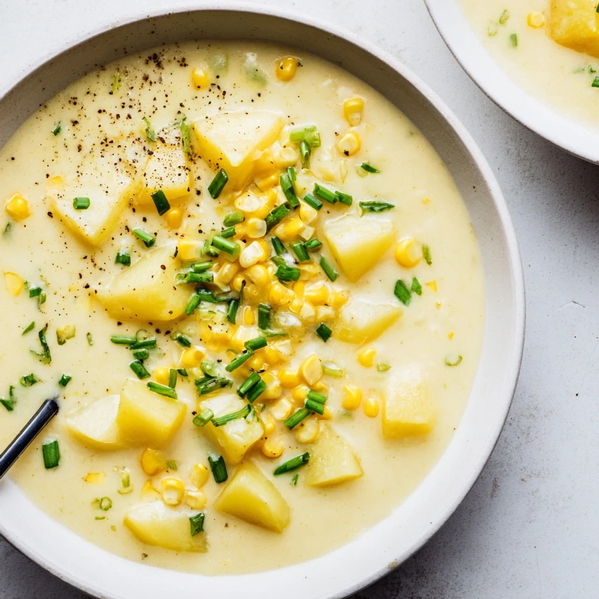 Golden and hearty, the creamy corn chowder is a comforting American soup, ready to serve.