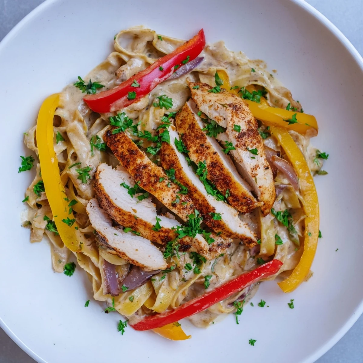 A creamy Spicy Cajun Chicken Pasta dish, with colorful bell peppers in a flavorful sauce.