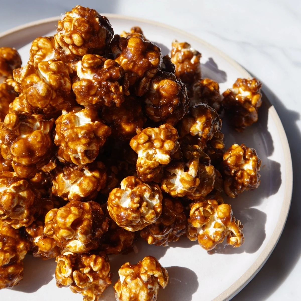 Golden, sweet gingerbread popcorn, perfectly coated and ready for a cozy movie night snack.