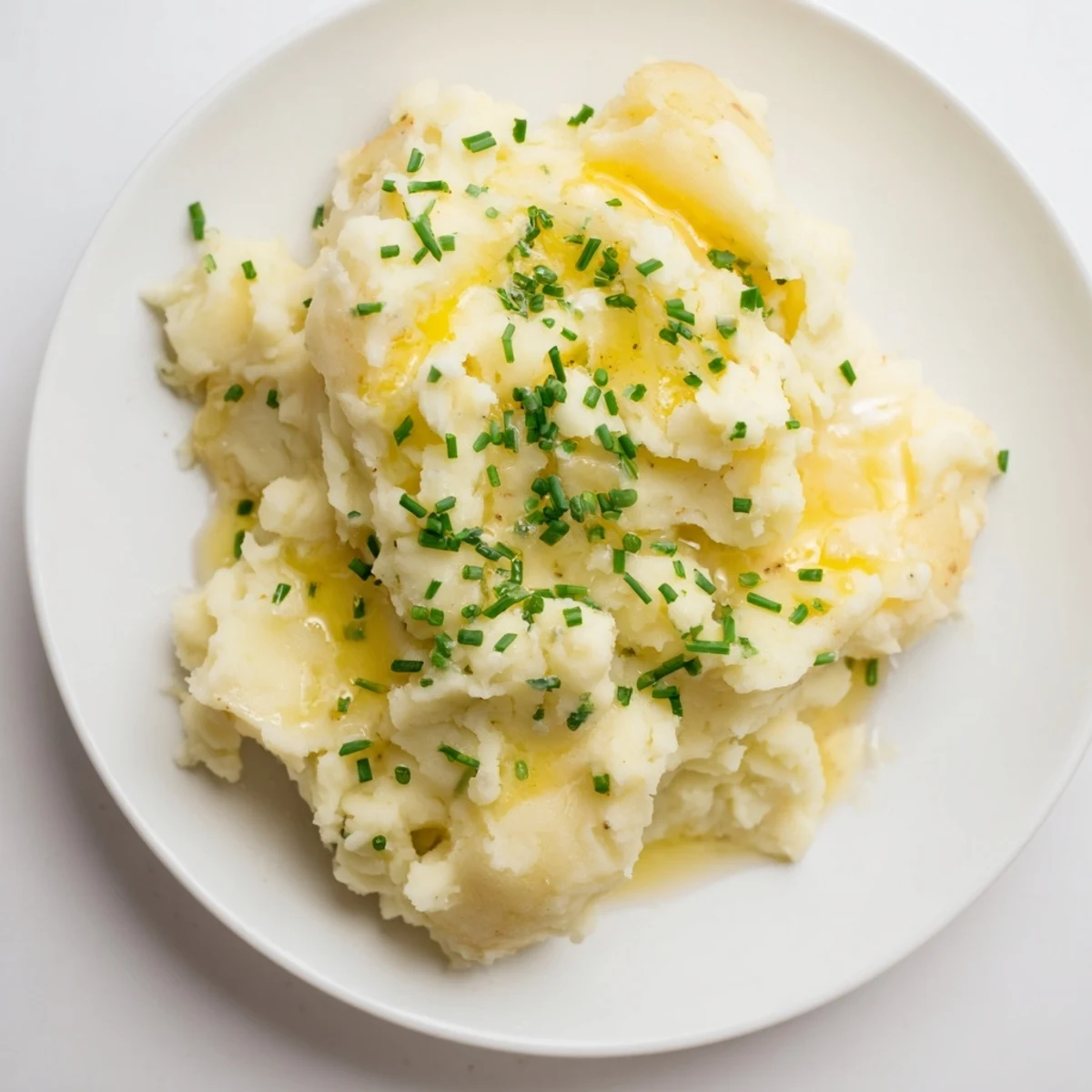 Fluffy Garlic Mashed Potatoes with cream, topped with fresh herbs, ready to serve as a side.