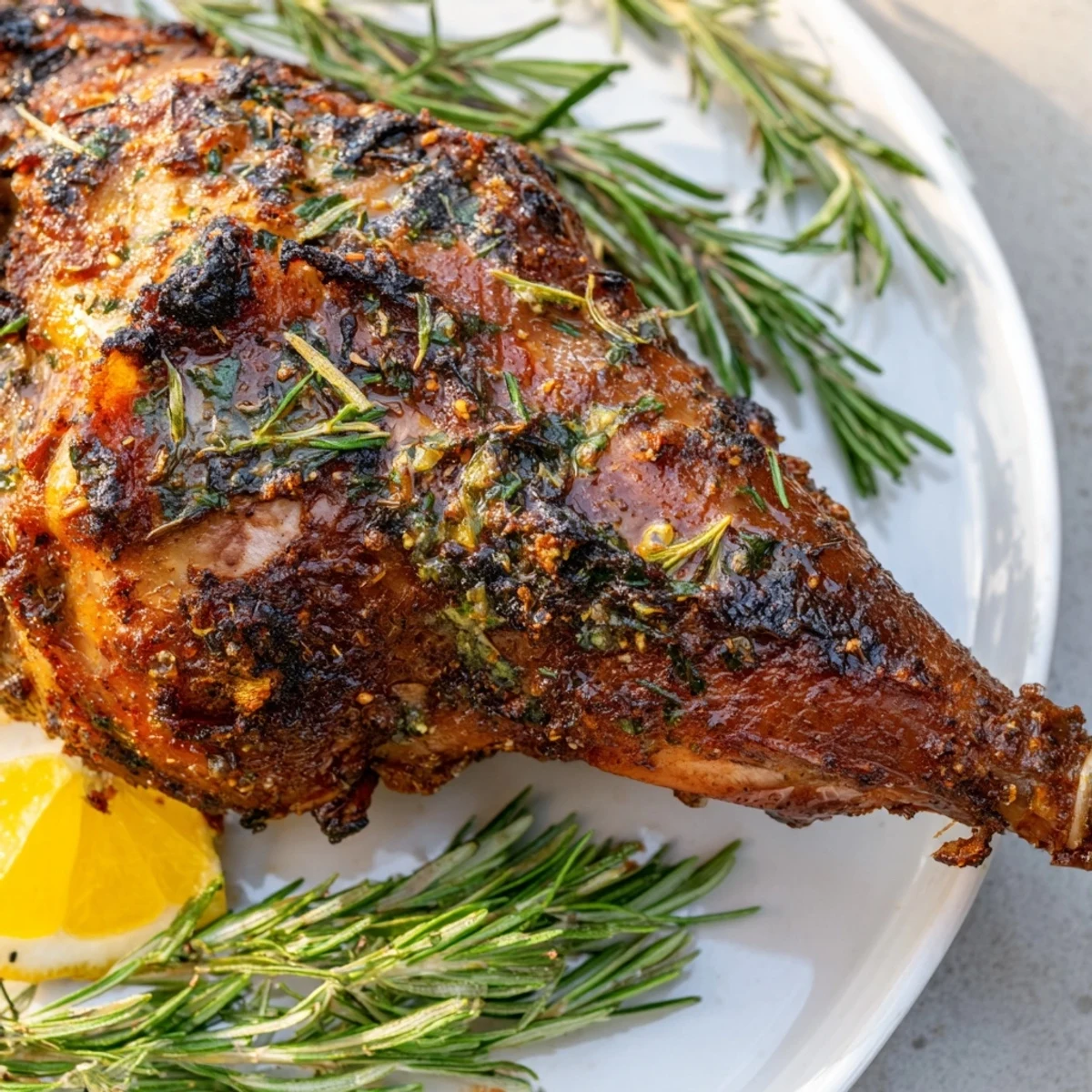 Golden-brown Roasted Turkey Legs with Herbs, glistening from the aromatic herb marinade and cooking.