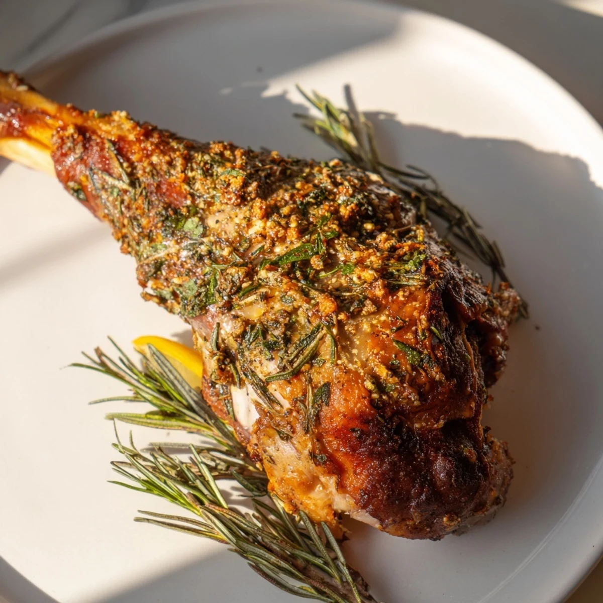 Crispy-skinned Roasted Turkey Legs with Herbs, served with fresh herbs; a classic American meal.