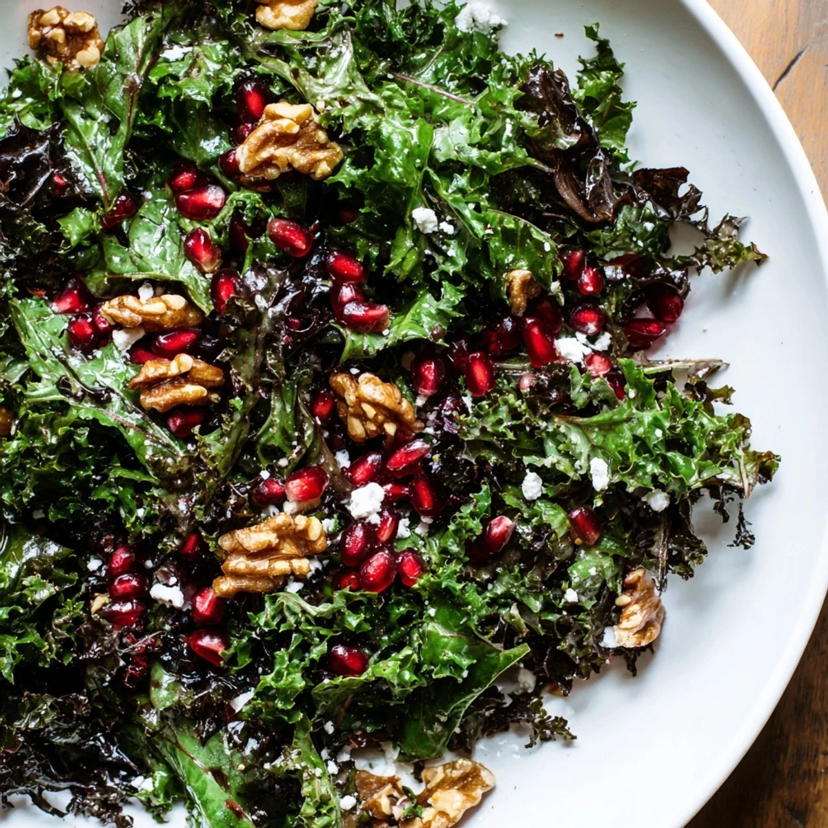 Vibrant Winter Greens with Pomegranate Vinaigrette salad, tossed, ready to eat with jewel-toned pomegranate seeds visible.