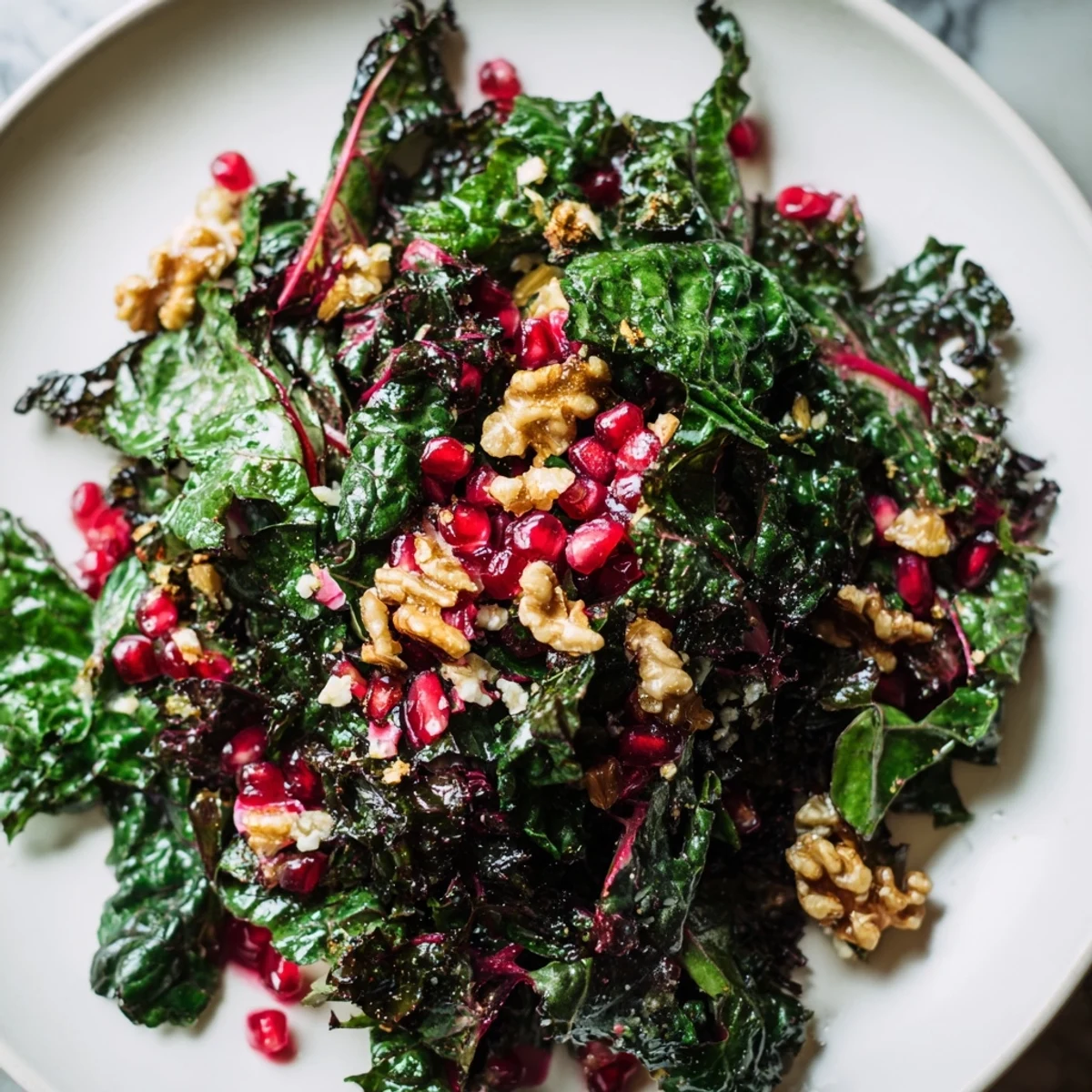 A close-up of Winter Greens with Pomegranate Vinaigrette displays a colorful healthy salad for dinner.