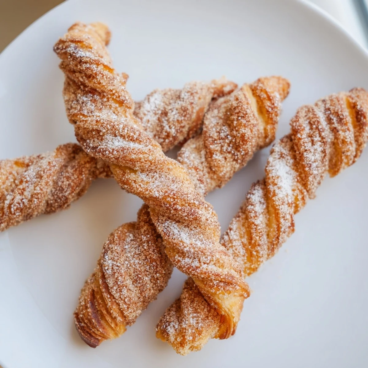 Close-up of baked Cinnamon Sugar Puff Pastry Twists, offering a delightful aroma and texture.