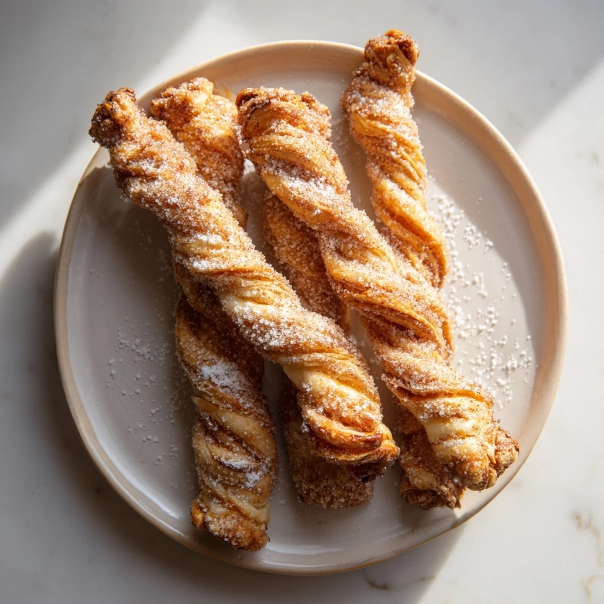 Freshly twisted Cinnamon Sugar Puff Pastry Twists, perfect for serving as a quick, elegant dessert treat.