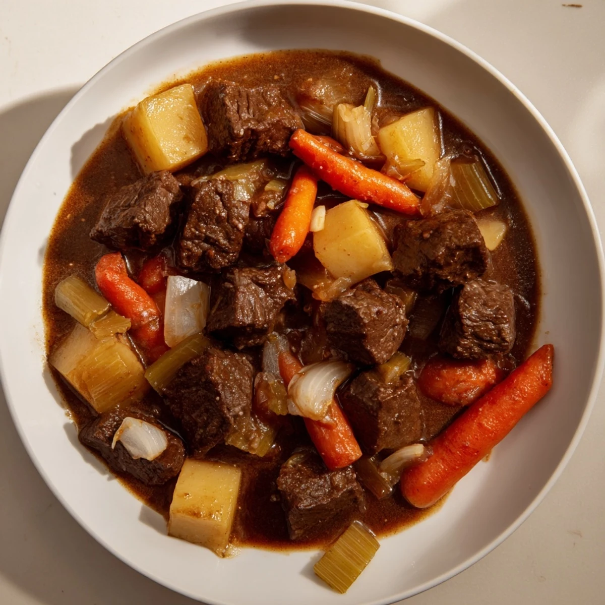 A close-up view of a flavorful bowl of Beef Stew with Root Vegetables, perfect for a cozy dinner.