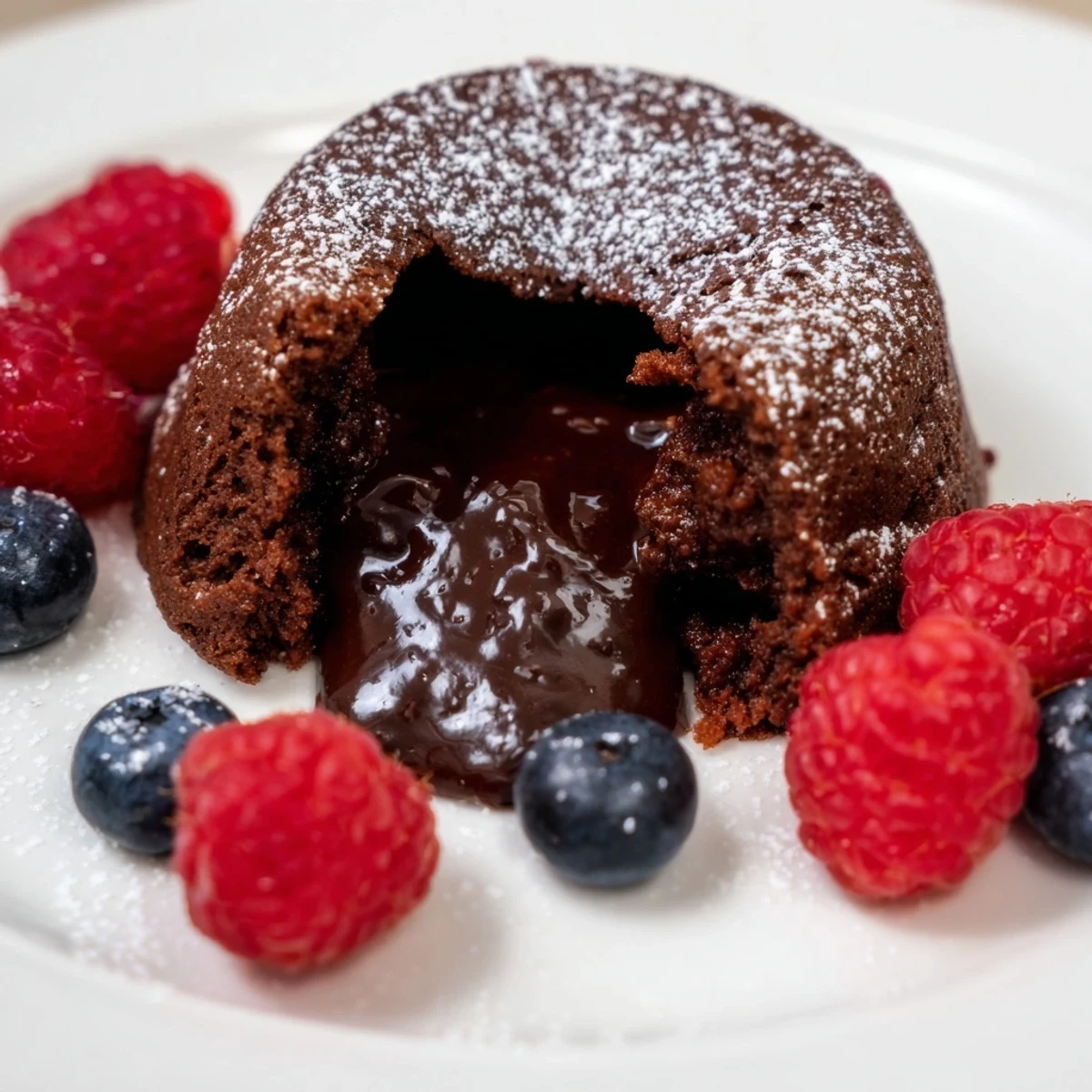 Steaming hot Chocolate Lava Cake with a flowing, rich chocolate center and fresh berries.