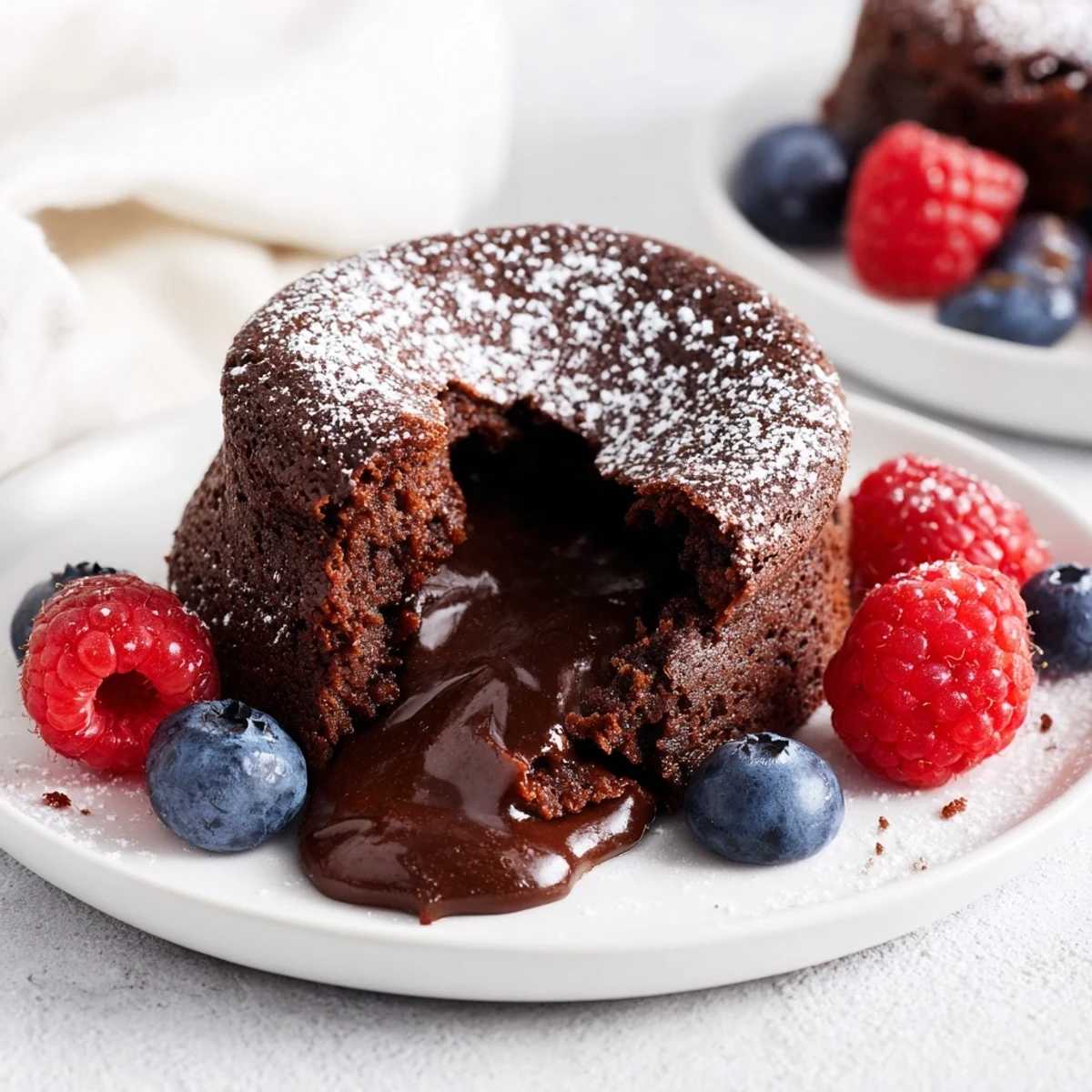 A close-up of a perfectly baked Chocolate Lava Cake, dusted with powdered sugar and ready to eat.