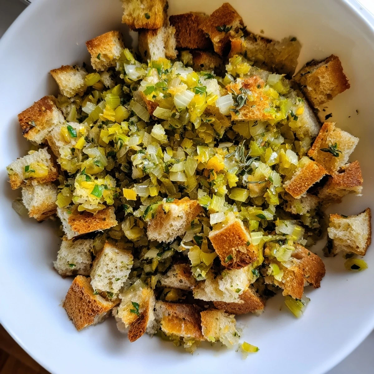 Homemade savory stuffing, bubbling in a baking dish, offers a warm, comforting aroma and delightful taste.