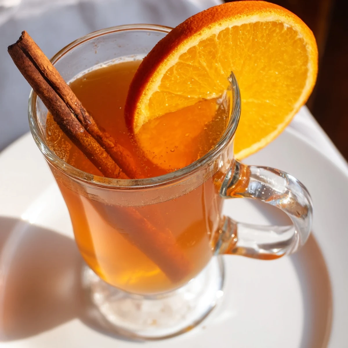 Steaming mug of warm spiced cider, showcasing a rich, autumnal hue with orange slices.