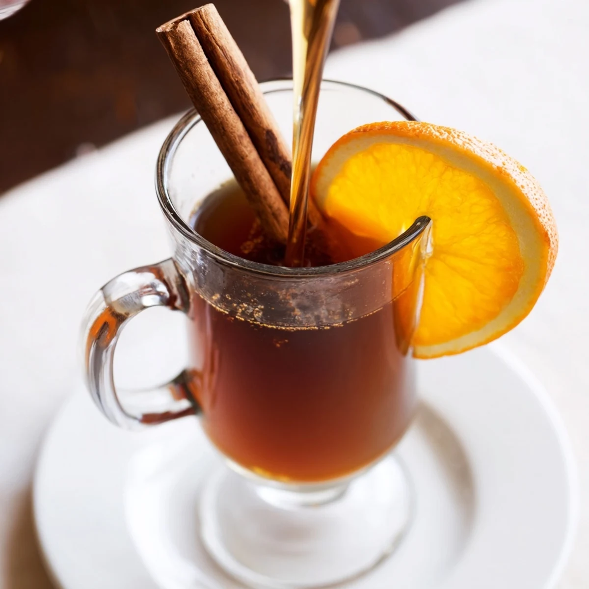 Cozy presentation of spiced warm cider, garnished with cinnamon sticks, perfect for fall celebrations.
