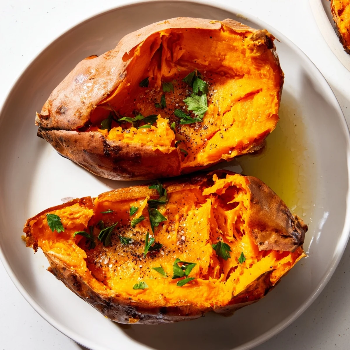 Golden-brown baked sweet potatoes, ready to be sliced, perfect for a healthy side dish.